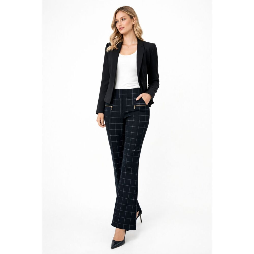 Lark and Grey Womens Size L Black Plaid Pull On Flare Ponte Pant Slack Stretch R